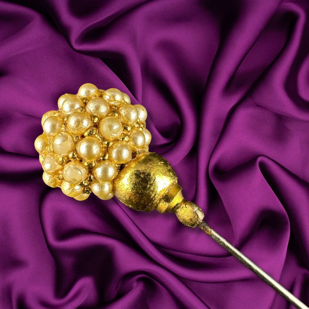 Vintage Hat Stick Pin Gold Tone Faux Seed Pearl Cluster Studded Head 4.25"